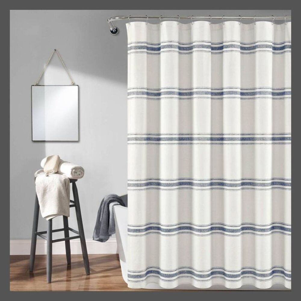 Open Box - Lush Decor - Farmhouse Striped Shower Curtain Navy - Lush Décor Navy
